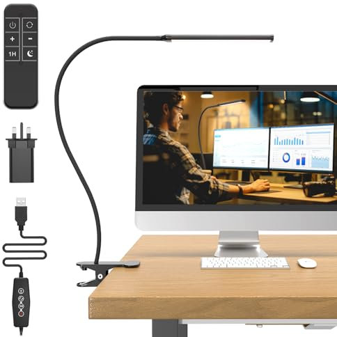 Mojimdo Lampe de Bureau 77 LED dimmable avec Télécommande [3 Températures Couleur et 10 Niveaux Luminosité] Col de Cygne Flexible 70cm avec Chargeur USB, Lampe de Lecture facile à clipser pour Maison