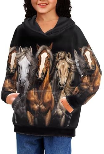 Renewold Horse Fashion Pattern Kids Hoodie Child Teens Sweatshirt Clothes Pull On Hoodie Sweatshirt with Hood Big Pocket Coat Soft for Casual Sport Home School 11-13 Years Boys Girls