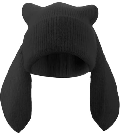 WUODHTW Strickmütze, niedlicher Hase, lange Ohren, lustige Mütze, flauschige Wintermütze, warm, Kaninchen, gehäkelt, Totenkopfmütze, Halloween, Hip-Hop-Mütze