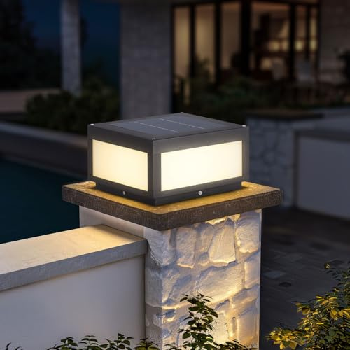 PAKEDANDUN Solar Pillar Light Outdoor, Modern Post Light Dusk to Dawn IP54 Waterproof Solar Column Cap Lights LED 3000K Deck Lantern Lamp for Patio Garden Decoration with E26 Bulb(11.8x11.8,Grey)
