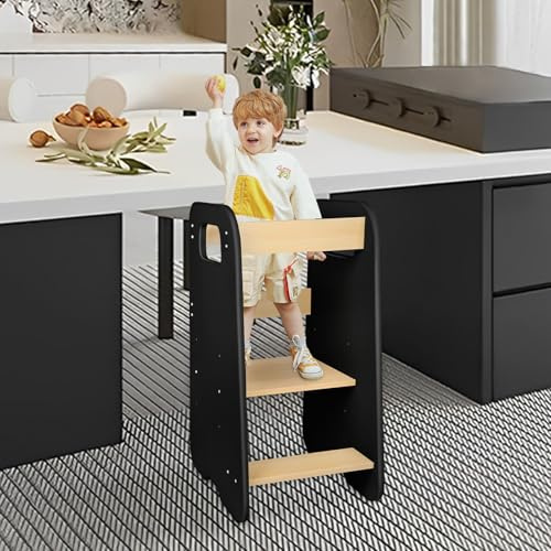 Lernturm ab 1 Jahr Klappbar umwandelbar in Schreibtisch und Stuhl - Lernturm Klappbar - Lernturm ab 1 Jahre - Lernturm Montessori - Learning Tower, 80 * 50 * 40cm – Schwarzbraun