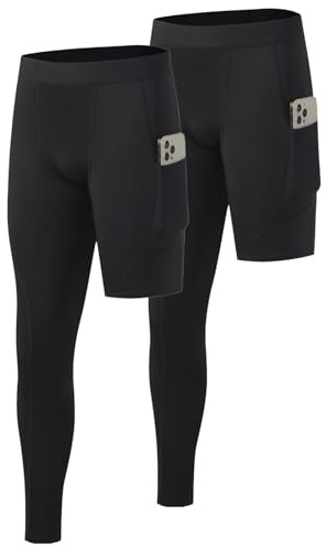 Towintec Herr One Leg Kompression Strumpbyxor med fickor Leggings Running Snabbtorkande Tight Lätta andningsbara basketkalsonger Kompressionsbyxor Fitness Träning Gym, Svart+svart - rak lång, L