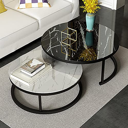 2er-Set moderner Satztische, Couchtisch, rund, Beistelltisch für Sofa, Wohnzimmer, Tischplatte aus gehärtetem Glas und schwarzer Metallrahmen, (70 cm groß und 50 cm klein)
