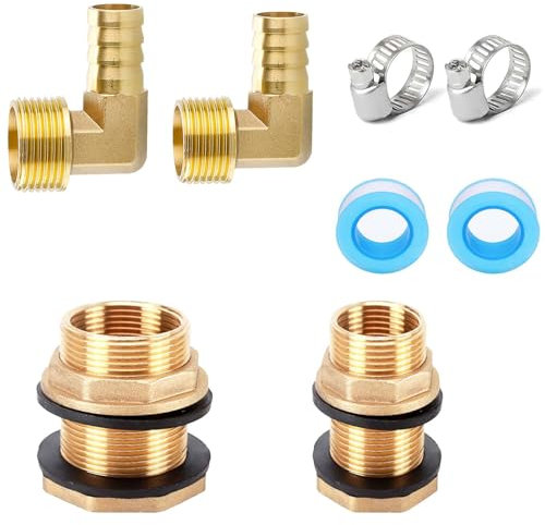 2 Pièces Raccord Citerne Eau de Pluie WISIRENT, 3/8 et 1/2 Fileté Adaptateur 1/2 et 3/4 Fileté Adaptateur, Traverse de Réservoir en Laiton Raccords Coudés en Laiton à 90°pour Robinet