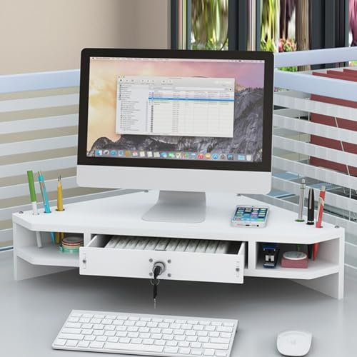 FHPEWXDG Desktop-Eckmonitorständer mit verriegelbarer Schublade, dreieckiger Eckständer für Computer, universelles Schreibtisch-Aufbewahrungsregal für Drucker/Bildschirm/Laptop