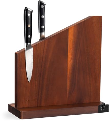 Gourmetop Knife Block Without Knives, Magnetic Knife Holder with Sharpener, Magnetic Knife Block with Sharpener, 100% Acacia Wood Magnetic Knife Holder, Double-Sided Magnetic Knife Block, Dark Wood