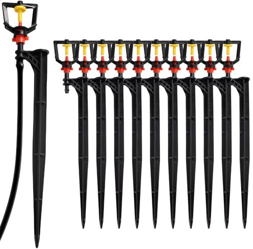 LUMOOM 10 aspersores de jardín ajustables de 360 grados, boquilla de pulverización refractable para manguera de 1/4 (4 – 7 mm), para sistema de microgoteo y jardín