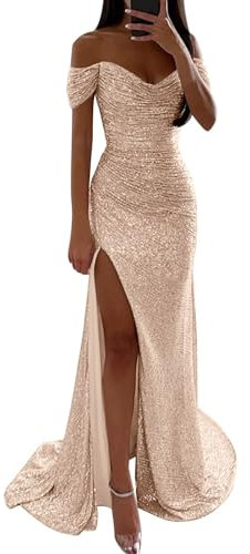 Robe Longue Femme Soirée Robe Paillette Femme Fendu Robes Chic et Elegant Cocktail Épaules Dénudées Col en V Sexy Slim Tendance Classiques Moulant Tempérament pour Party Banquet (A02-Rose Gold, XL)