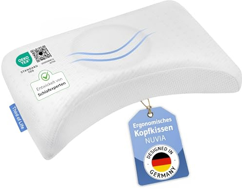 Ergonomisches Seitenschläferkissen NUVIA, Memory Foam Kissen für Seitenschläfer, Rückenschläfer, von Schlafexperten entwickeltes höhenverstellbares Kopfkissen mit Schulterbogen 56x36x9,5/11,5cm