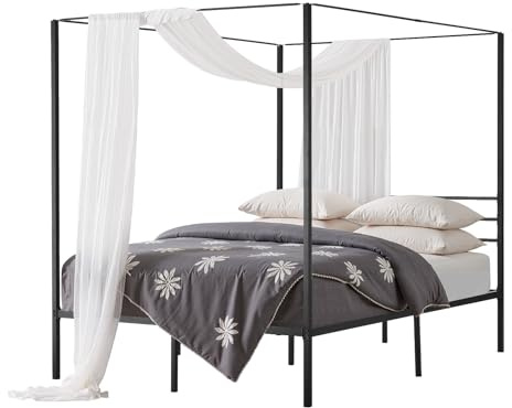 VEVOR Letto a Baldacchino Matrimoniale, Letto in Metallo con Testiera Minimalista e Design a Baldacchino, Robusto Supporto a Doghe in Acciaio Quadrate, Non Necessita di Materasso a Molle, Nero