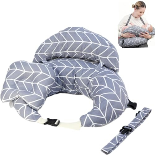 Nursing Pillow for Breastfeeding Baby, Multifunctional Breast Feeding Pillow with Adjustable Waist Strap and Safety Fence, 100% Cotton Removable Pillowcase, Grey Lines (Grey Lines)