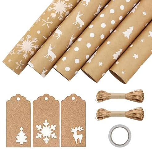 5PC Geschenkpapier Weihnachten Rollen, Weihnachtsgeschenkpapier Set, 5 Rolls 44cm x 3M Christmas Wrap Paper, Nature Kraftpapier Weihnachtspapier Recycelbares for Christmas,Party,Festive Decorations