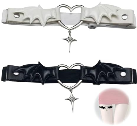 FOSDICK 2 Piezas Liga Mujer Cuero PU Liga Punk Liguero Amar Ala con Colgante, Ajustable Ligas Anillo en el Muslo para Mascarada, Cosplay, Halloween, Carnaval (Negro,Blanco)