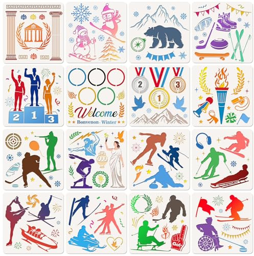 DPKOW 16 x Sports Hiver Pochoirs pour Peinture Artisanat, DIY Pochoir pour Sports Hiver Scrapbooking Dessin sur Papie/Bois/Toile, Pochoirs Athlète Torche Médailles Neige drapeau Ski Patinage