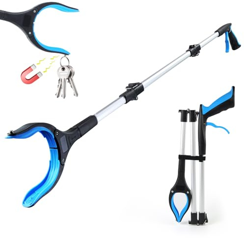 Qcdou Pinza Raccogli Oggetti, 110 cm Pinza Telescopica Prendi Oggetti, Pieghevole, con Punte Magnetiche, Ganasce Larghe, Strumento per Disabili, Pinza Raccogli Rifiuti(Blu-C)