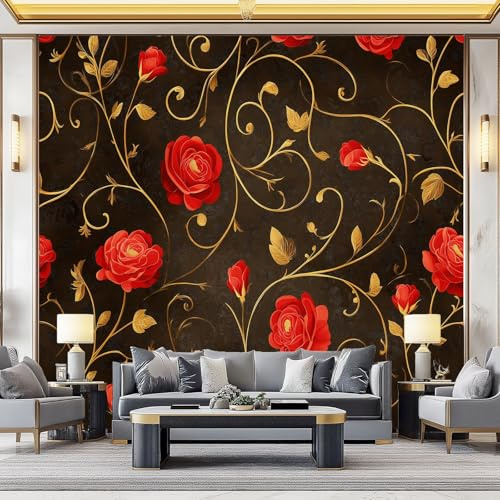 Murals 3D Wallpaper, Vintage Gorgeous Rose Vines Decorative Murals, Red Gold Wallpaper Living Room The Wall for Corridor Office Mural Tv Backdrop Removable Wall Posters 350 x 256 cm (W x H)