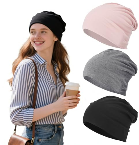 Sunyunze 3 Stück Mütze Herren Damen Leichte Slouch Beanie | Mütze Atmungsaktiv Chemo Kopfbedeckung für Frühling Herbst und Winter Schwarz Pink Grau