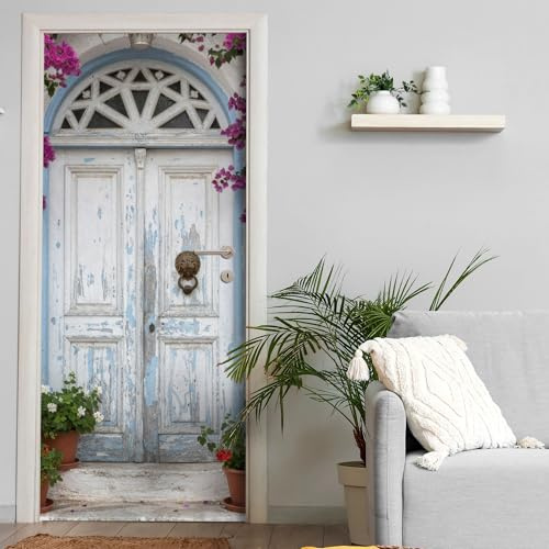 Türtapete selbstklebend blasenfrei | 200 x 90 cm Griechische Tür blau weiss, Vintage | Tür Aufkleber Türfolie | Einteilig | Wasserfest 3D Türaufkleber Klebefolie Türposter Möbelfolie