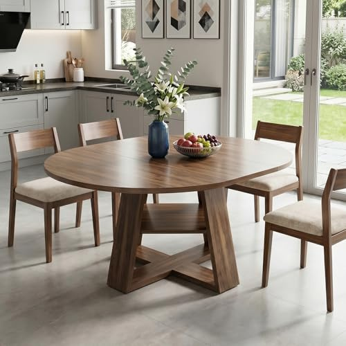 LNRLZYLS Round Dining Table, 110-150cm Wood Extendable Table for 4-8 People,Oval Kitchen Dining Room Table with Solid Legs for Restaurant, Home(Style 1)
