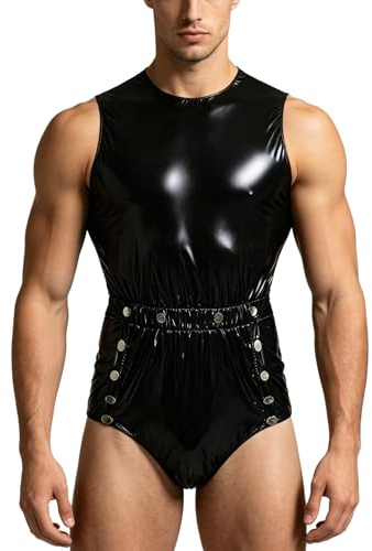 FEESHOW Herr wetlook catsuit lack läder PVC overall vattentät body med dragkedja på baksidan nattkläder, fest, klubbkläder, svart, L