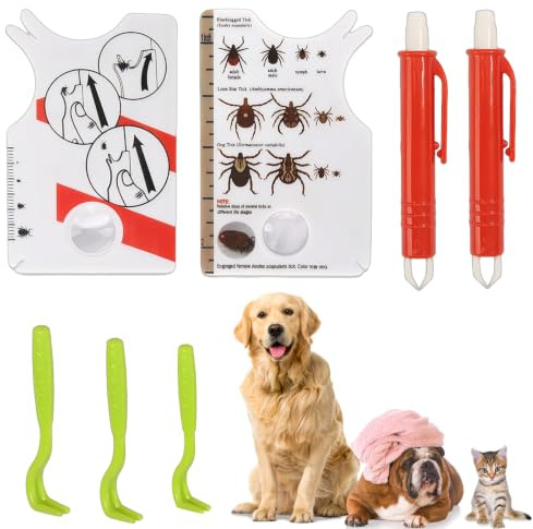 OXDASW Set di 7 biglietti per zecche, con lente d'ingrandimento, con gancio per zecche e pinza per zecche, per uomini, cani, gatti e animali domestici