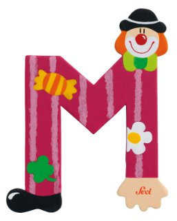 Sevi 81749 Holzbuchstabe M Clown ca. 10 cm, Türbuchstaben für Kinderzimmer, ABC Lernspielzeug aus Holz, pädagogisches Spielzeug für Kinder ab 3 Jahren, Buchstabe Clowns Sortiert, Lila / Grün, Mehrfarbig, ca. 10 x 7,5 cm