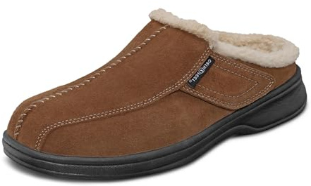 Orthofeet Men's Orthopedic Asheville Adjustable Faux Fur Lined Slipper, Brown, Size 9.5 Wide