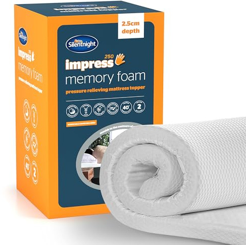 Silentnight Impress Memory Foam Mattress Topper - 2.5cm Deep Luxury Orthopaedic Pressure Relief Hypoallergenic Bed Topper for Back & Neck Pain - Elasticated Straps & Machine Washable Cover, King