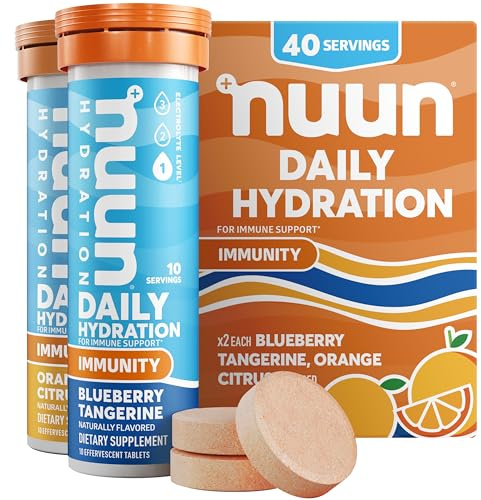 Nuun Immunity Electrolyte Tablets with Vitamin D, C, E, & A, Ginger, Elderberry, Magnesium & 4 Other Essential Electrolytes, Vegan, Blueberry Tangerine & Orange Citrus, 4 Pack (40 Servings Total)