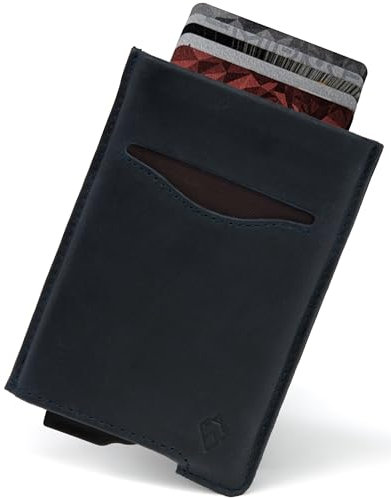 AKIELO RFID Blocking Card Holder with Gift Box – Minimalist Men's Card Wallet – Contactless Credit Card Protector (Alpha Collection), 11. Navy Blue Leather Edition, Taille Unique, Minimalist