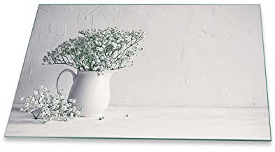 Herdabdeckplatte Abdeckung Ceranfeld Abdeckplatte Schneidebrett 1-Teilig 80x52 Blumen Weiss Spritzschutz Glasplatte Ceranfeldabdeckung Schutz Kochplatten Herdschutz Sicherheitsglas Glasschneidebrett