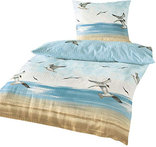 Traumschlaf Seersucker Sommer Bettwäsche 100 % Baumwolle • Maritimes Möwen-Motiv • Bügelfrei, Atmungsaktiv & Pflegeleicht • Mit Reißverschluss 135x200 cm + 80x80 cm
