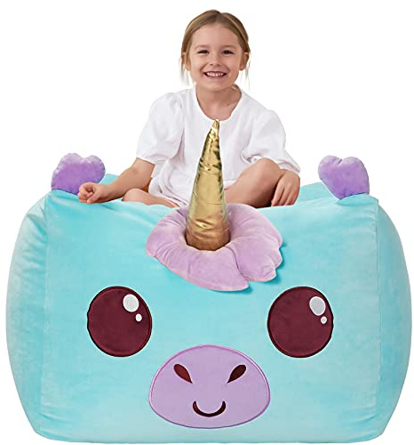 Aubliss Unicorn Stuffed Animal Storage Bean Bag Chair for Kids, Velvet Extra Soft Beanbag Chairs Cover, X-Large Stuffable Zipper Bean Bag for Organizing Plush Toys Girls Bedroom Decor, Cyan