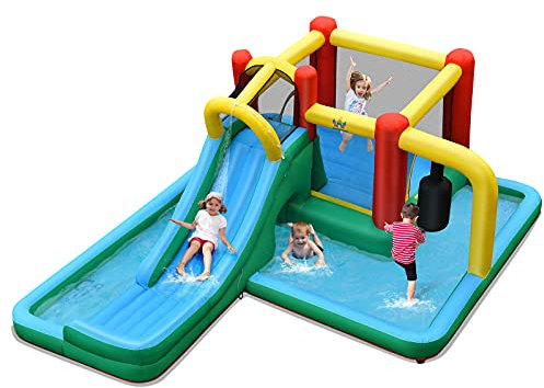 COSTWAY Hüpfburg aufblasbar, Wasserrutsche Spielpool, Springburg mit Rutsche, Kletterwand, Tunnel, Pendel, Planschbecken Wasserpark 470x370x190cm