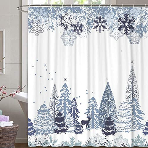 M&W DAS DESIGN Weihnachten Duschvorhang Sterne-Flitter Schnee Textil Vorhang weiß Baum Rentier Schimmelresistent Weihnachtsdeko Farbefest inkl. 12 C-Ringe Gewicht unten 180x200cm(BxH)