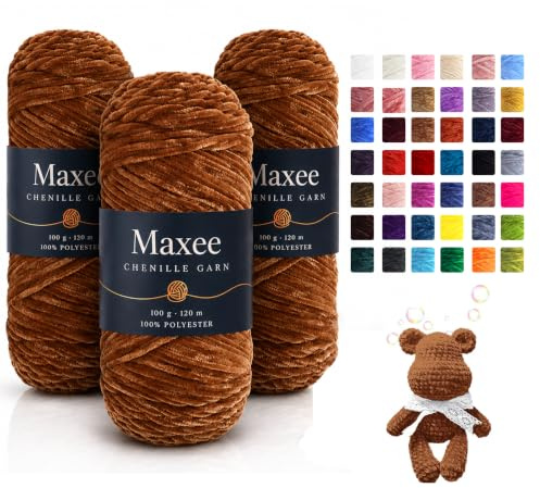 Maxee Chenille Wolle zum Häkeln,300g weiches Häkelgarn,15-Karamell | Weiche Wolle zum Häkeln und Stricken aus 100 % Polyester; samtiges Chenille Garn für Amigurumi, Decken, Schals und Kissen