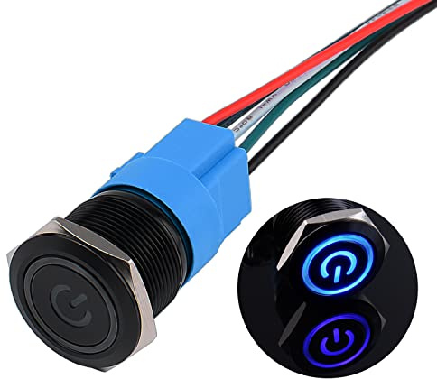 JIQI 22mm Momentane wasserdichte Druckschalter 12V bis 24V 5A EIN/AUS Taste Schalter mit LED Beleuchtung Schwarzes Metallgehäuse vorverdrahte Momentary Drucktaster für KFZ DIY Auto Motorrad(Blau)