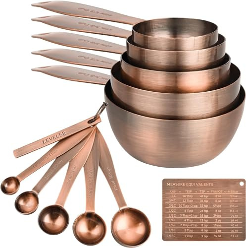 Smithcraft 12-Piece Measuring Cup Set, Stainless Steel with Copper Finish, Engraved US & Metric Markings, Includes 5 Cups, 5 Spoons, 1 Leveler, 1 Measure Equivalents