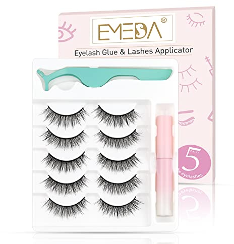 EMEDA Natürliche 3D Wimpern mit Kleber Und Pinzette 5 Paar Kurze Wimpern mit Kleber Natürlicher Look Falsche Wimpern Set Wispernde Streifenwimpern mit Applikator (natürlich 01)