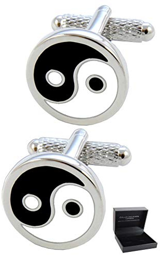 Boutons de Manchette - Avec Boîte - Pour Homme Noir - Symbole Yin et Yang - Égalité - Laiton - Couleur Noir et Blanc - Une Paire