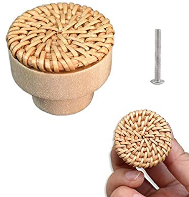 BOOLSFMAM Poignées de Placard Rotin, Boutons de Tiroir en Bois, Poignée Meuble Bohème pour Armoire, Bureau, Cuisine