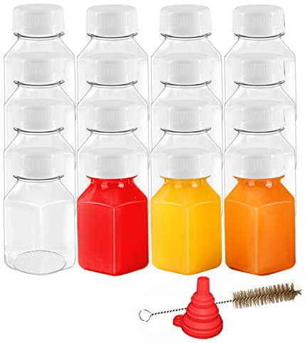 YBCPACK 16 Pack 4oz/125ml Plastic Shot Bottles with White Lids, Small Juice Bottles, Mini Bottle for Mini Fridge, Ideal for Ginger, Juice, Water and Other Drinks