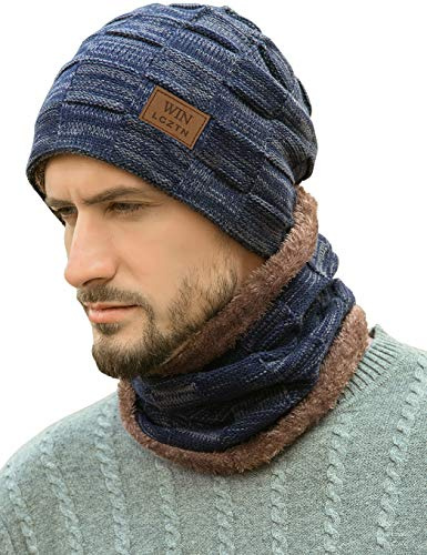 Mens Winter Beanie Hat Scarf Set Warm Fleece Lined Knit Ski Hats Slouchy Skull for Unisex Gift