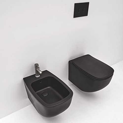Kiamami Valentina - Bidet e WC Sospesi in Ceramica | Nero Opaco | Design Moderno | Risparmio Idrico 4,5L | WC Senza Brida | Copriwater Soft Close, Nero Opaco