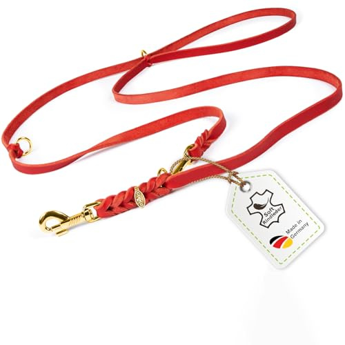 Hundeleine Leder 2m kleine Hunde leicht Fettlederleine [3-Fach Verstellbar] Lederleine geflochten – robuste Leine Hund mit Messingbeschlägen – Führleine Hund & Freihandleine zum Umhängen, Rot 8mm
