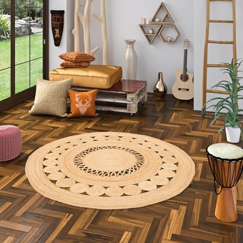 Pergamon Runder Jute Teppich Salsa Trend - Handgefertigt aus strapazierfähiger Naturfaser - Schlichtes Design mit geflochtenem Muster - Verschiedene Größen verfügbar
