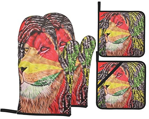 4 Pezzi Presine E Guanti Da Forno Reggae Rasta Leone Guanti Per Forno Divertenti Guanti Da Cucina Per La Cucina, Per Grigliare, Barbecue