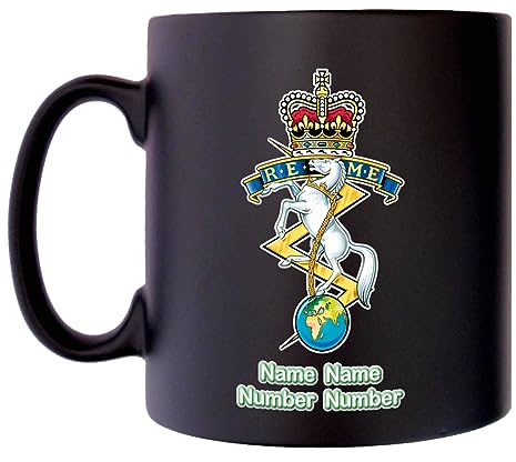 Royal Electrical and Mechanical Engineers (REME) Mug with Personalise Option Image of Military Emblem Flag Crest Insignia MOD Official Product 10oz Black Satin Klassek Gift Present