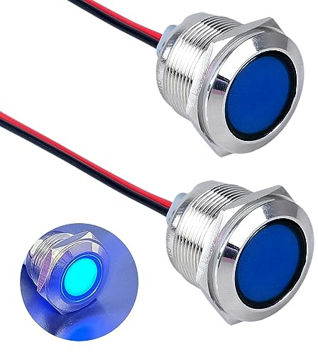 DMWD 2PCS 22mm Metal Indicator Light Mounting Hole 7/8, 12-24V AC/DC 20mA Waterproof IP67 Single lamp LED Pilot Lamp Flat Head with 20cm/7.87in. Wire for Car Truck Boat(Blue LED)