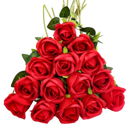 AUMAYCO Artificial Rose Flowers 15 Pieces Long Stems Artificial Silk Roses for DIY wedding bouquets, Valentine's Day celebrations, garden decorations and table decorations at home. (Red)